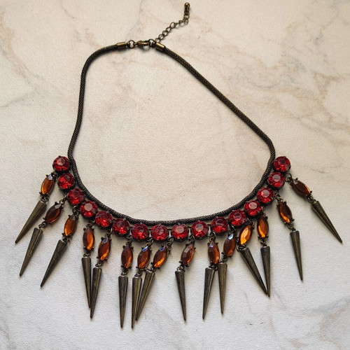Gothic Statement Necklace with Red Crystals and Antique Bronze Spikes like new