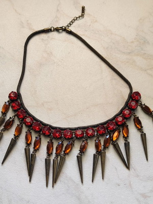 Gothic Statement Necklace with Red Crystals and Antique Bronze Spikes like new