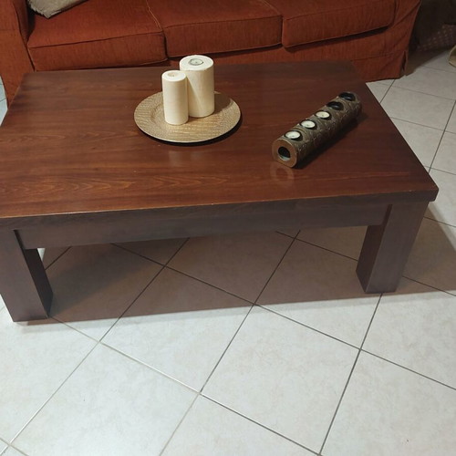 Living room set with three-seat sofa, two-seat sofa, stool and table made of baked beech, like new, chenille fabric brick red