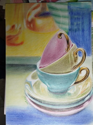 Cups with watercolor pencils new, painting on paper 30x40 cm