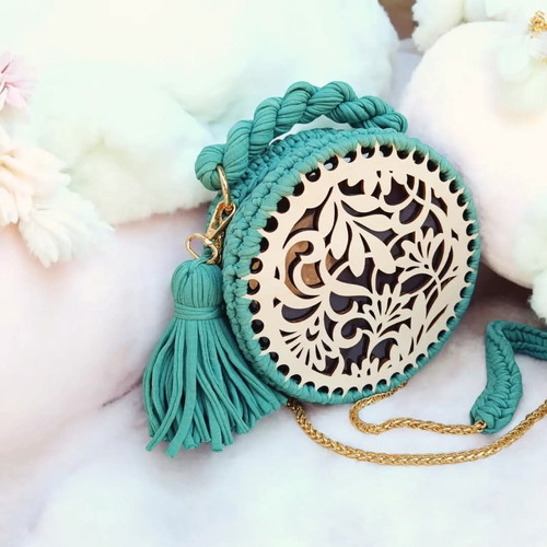 Wooden knitted crossbody bag turquoise new with golden details