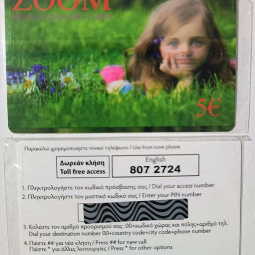 Zoom prepaid phone card new, value 5€