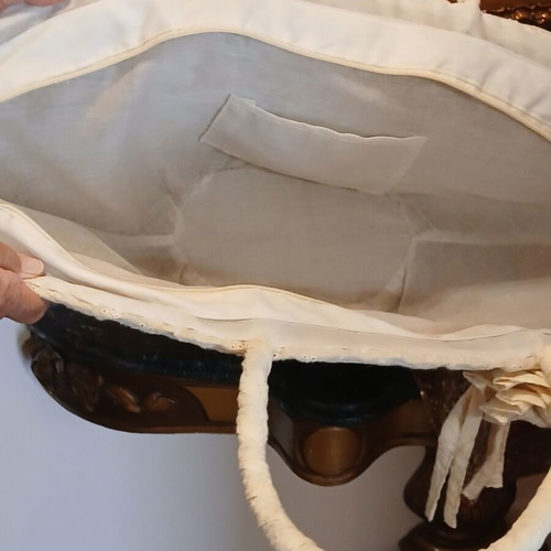 Straw shoulder bag new, beige, large with lace and fabric flower