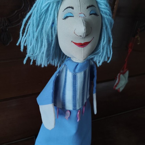 Handmade doll for collectors or puppet theatre on wooden base