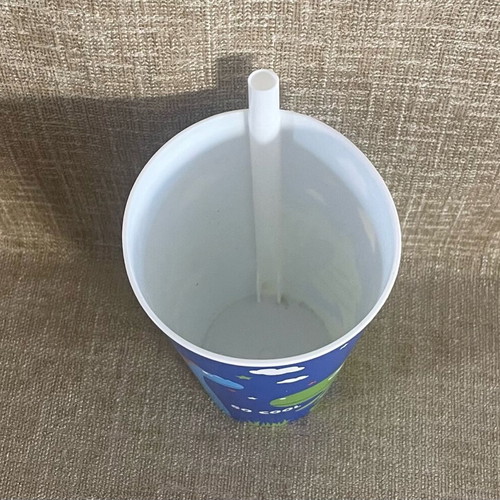 Plastic cup with dinosaur design and straw used