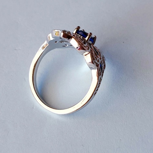 Vintage 70ies Boho Silver Engraved Ring with Blue Zircon Stones Size 55 Like New