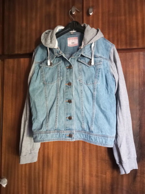 Denim jean jacket gray blue with hood S like new