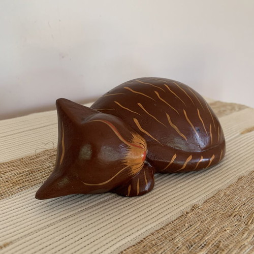Wooden Handmade Sleeping Cat Figurine