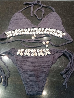 Knitted swimsuit like new, size Small, black with shells
