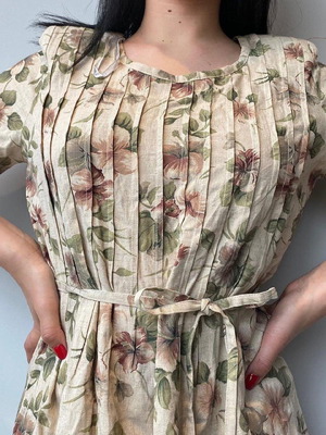 Φόρεμα vintage floral μεταχειρισμένο, linen blend, μέγεθος M