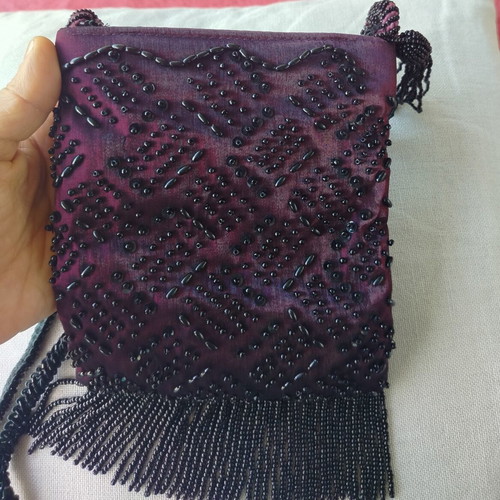 Vintage mini bag like new, purple, fabric with beads, crossbody and hand strap