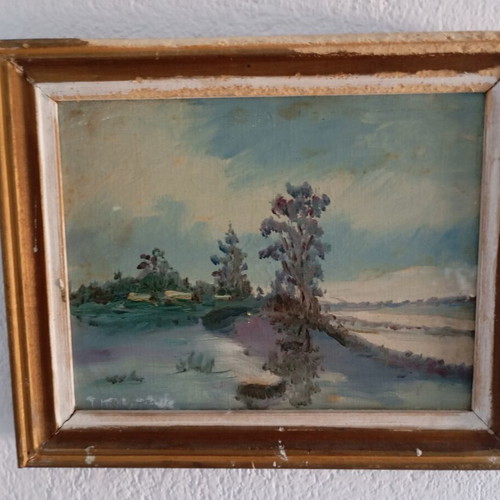 Retro landscape oil painting used, impressionist style with river and trees