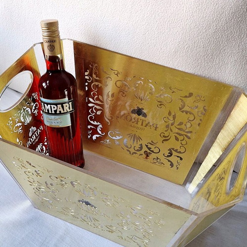 Patron champagne bucket like new with 4 empty silver bottles