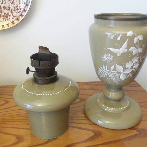 Oil lamp opaline with hand painting, used, 33 cm height