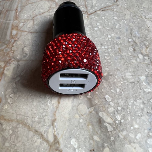 Car charger with red rhinestones and dual USB ports, new