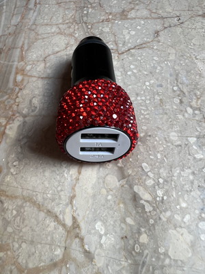 Car charger with red rhinestones and dual USB ports, new