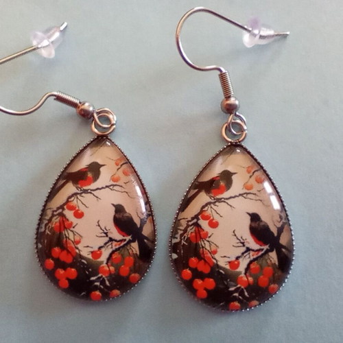 Teardrop earrings with birds new, multicolored and silver