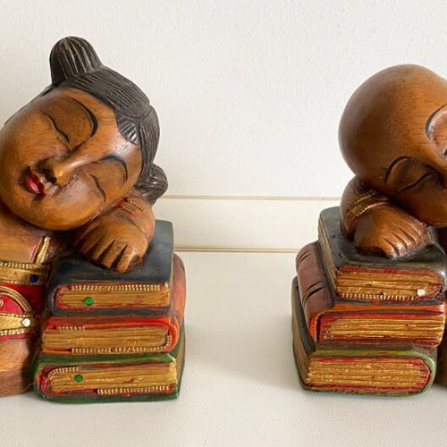 Handmade wooden bookends Asian art, like new