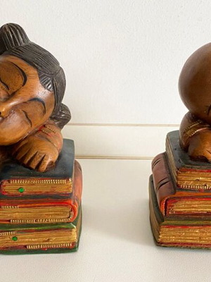 Handmade wooden bookends Asian art, like new