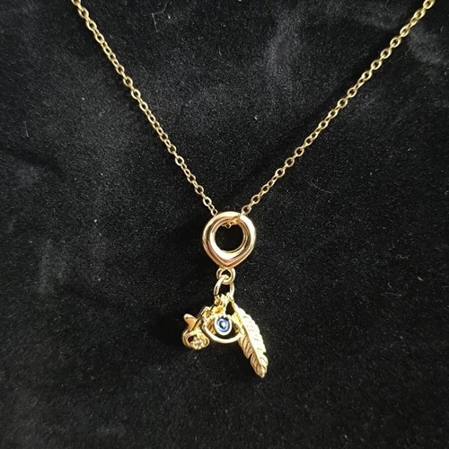 Lucky Charm Necklace with Eye, Feather and Butterfly in Gold Tone