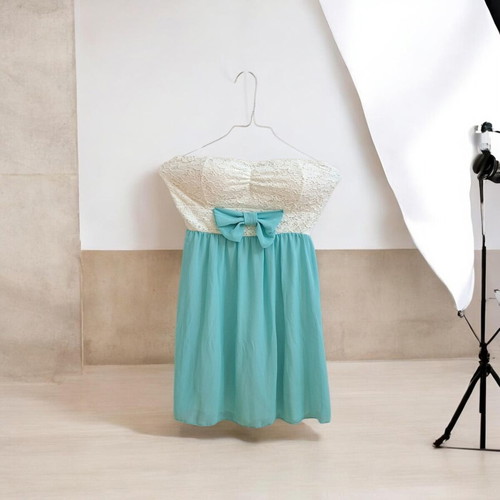 Mini dress with white lace, bow and chiffon in mint turquoise