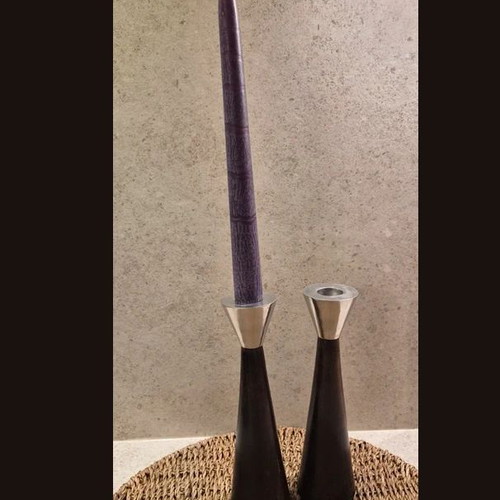 Set of 2 Vintage Wooden Candle Holders with Aluminium, Scandinavian Design