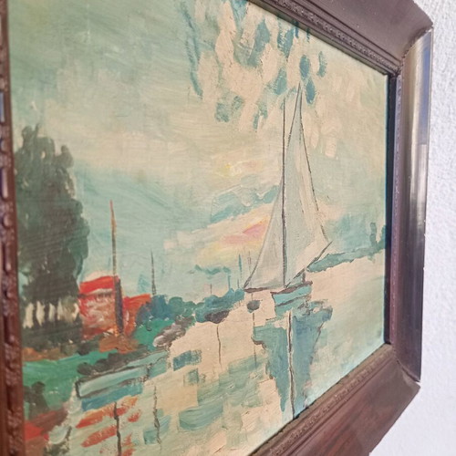 Vintage painting used, sailboats on the Seine inspired by Claude Monet