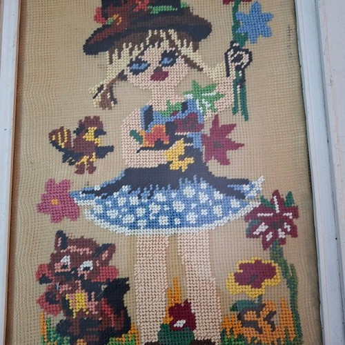 Vintage embroidered textile paintings with white wood frames, 1960s