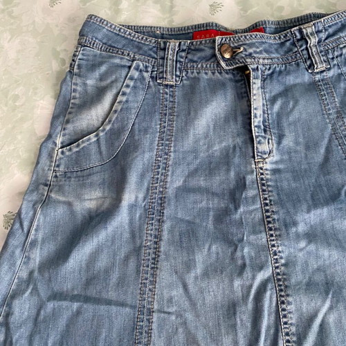 Y2k denim skirt used, knee-length, Sarah Lawrence, blue turquoise
