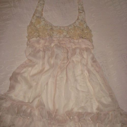 Baby doll dress with floral appliques, peach chiffon