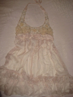 Baby doll dress with floral appliques, peach chiffon