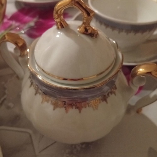 Porcelain vintage luxury tea set, 8 pieces, white and light blue