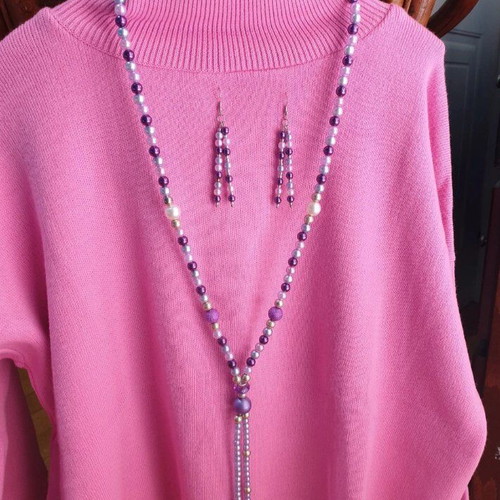 Handmade purple,pink beaded Long necklace and earrings set