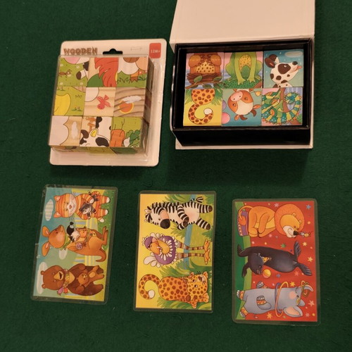 Wooden animal puzzle cubes set with guide cards, educational toy