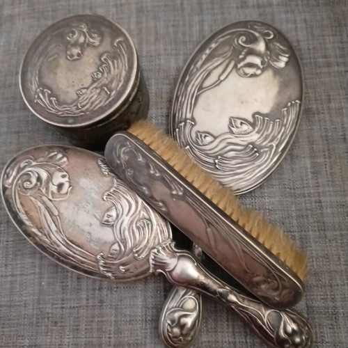 Vintage silver-plated set mirror, brushes and powder box like new