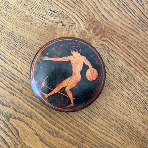 Vintage hand-painted jewelry box with ancient Greek Discobolus design used