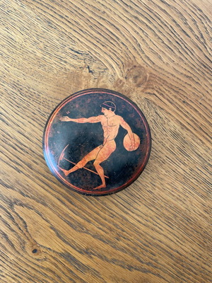 Vintage hand-painted jewelry box with ancient Greek Discobolus design used