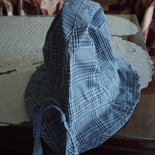 Children's bucket hat "идиотка" used, blue checkered cotton