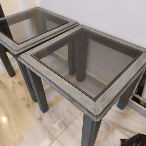 Coffee tables used, oak wood with smoked glass, vintage chalk paint