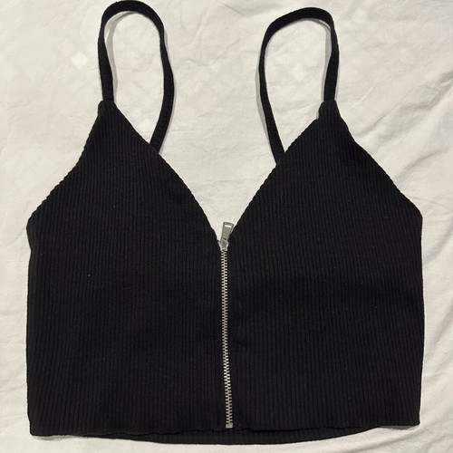 Black ribbed crop top with straps and front zipper