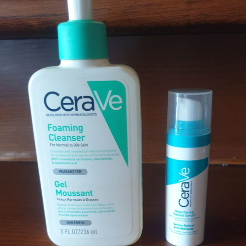 Cerave facial care gel cleanser and serum used