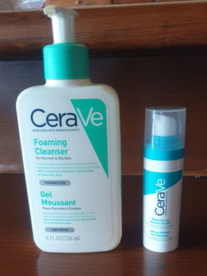 Cerave facial care gel cleanser and serum used