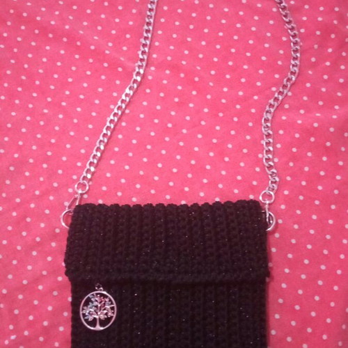 Handmade knitted black evening shoulder bag with silver chain and decoration