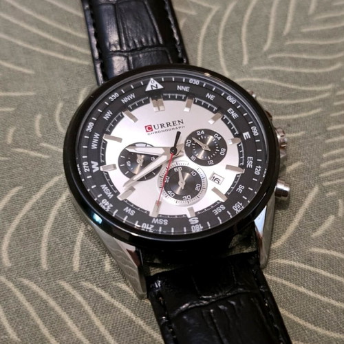 Curren 8399 Men's Chronograph Watch used, leather band, black and silver