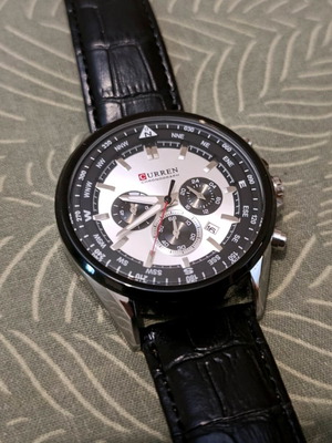 Curren 8399 ανδρικός χρονογράφος ρολόι μεταχειρισμένο, δερμάτινο λουράκι, μαύρο και ασημί