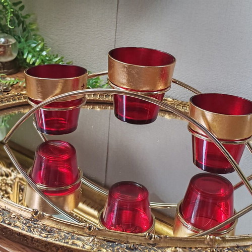 Vintage Carousel candle holder for 3 tealight candles, ruby glass and gold