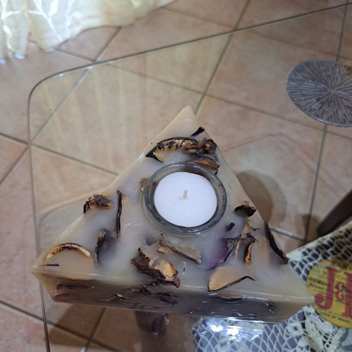 Triangle Candle with Glass Holder and Dried Leaves, Like New