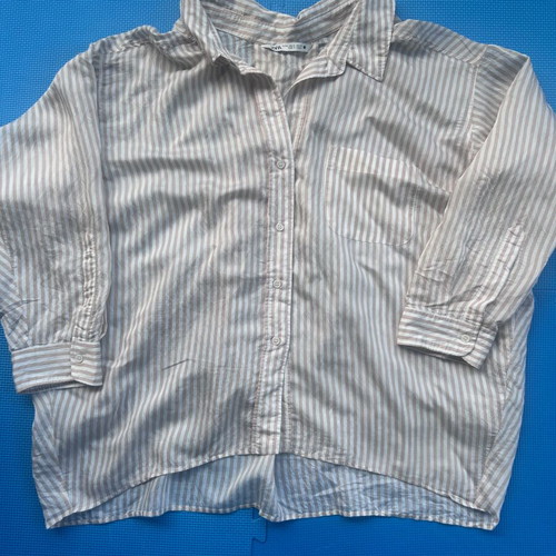 Zara Oversized Neutral Striped Button-Up Shirt Size XL Like New