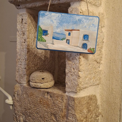 Handmade wooden hanging plaque Cycladic landscape decorative