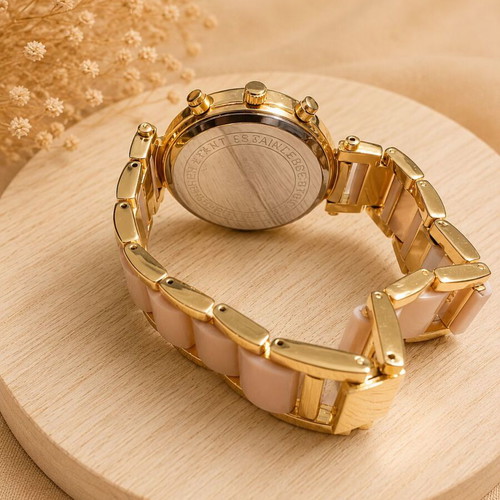 Amuda women's watch rose gold with pink details and rhinestones like new